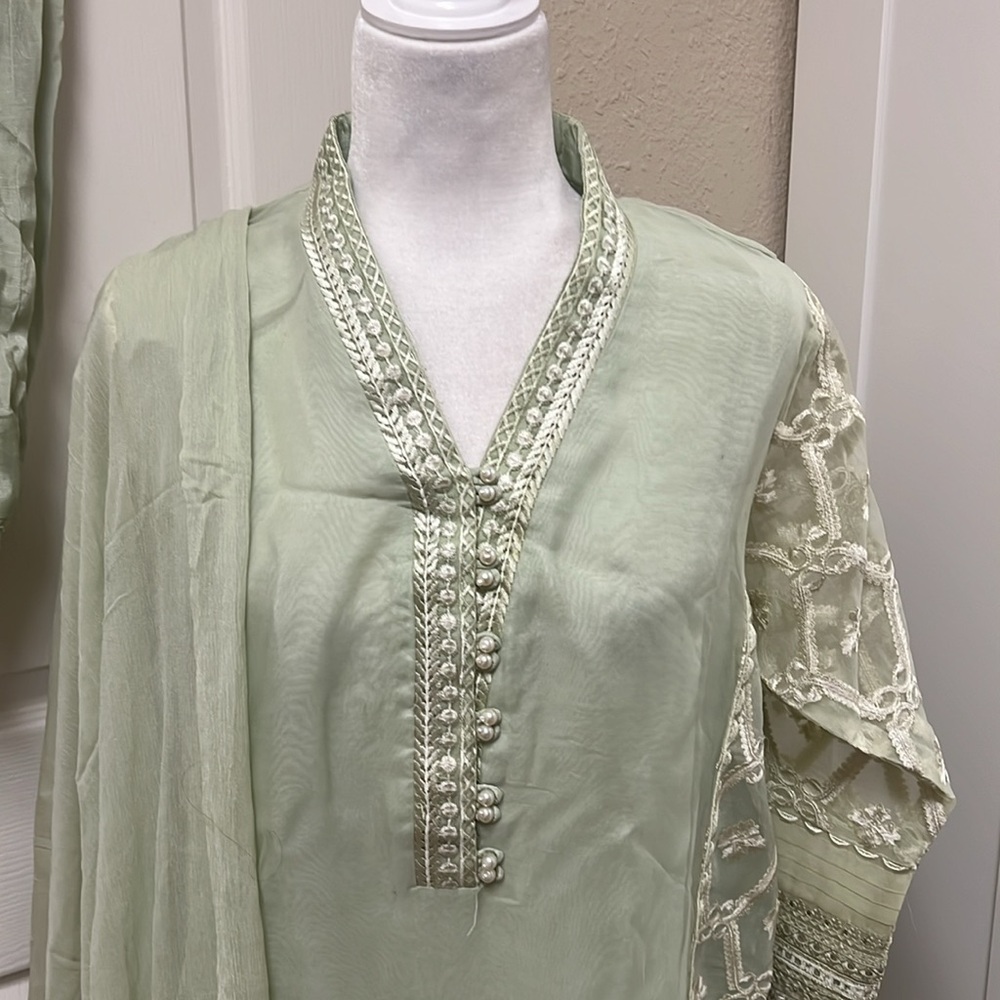 Pakistani Indian Shalwar Kameez Apple Green Embro… - image 2